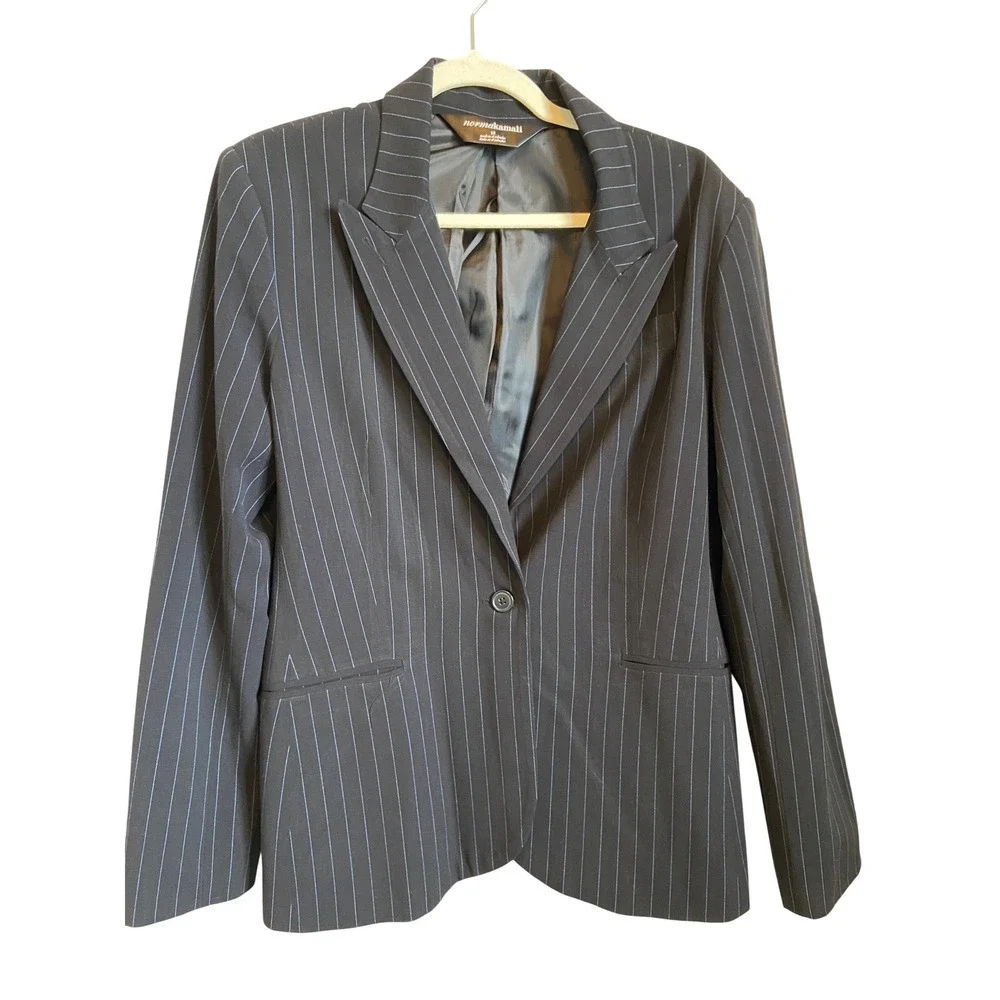 Norma Kamali Indigo Pinstripe Single Button Blazer Peak Lapel Navy Blue Size 16